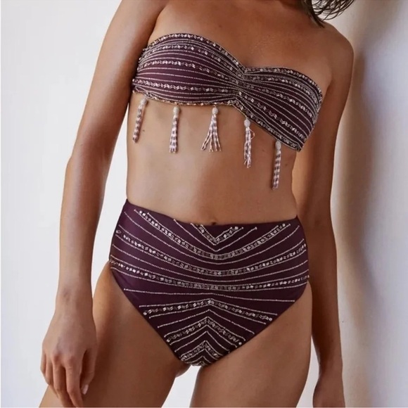 New Oceanus Lara  Crystals Beaded Bikini Bottom Swim Free People Plum Large - Picture 7 of 8